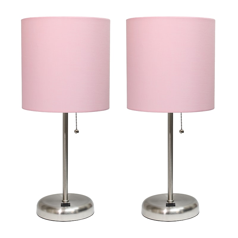 Creekwood Home Oslo Duo 19.5" LED Table Lamp with USB Port, Brushed Steel/Light Pink Shade, 2/Set (CWT-2012-LP-2PK) image 1