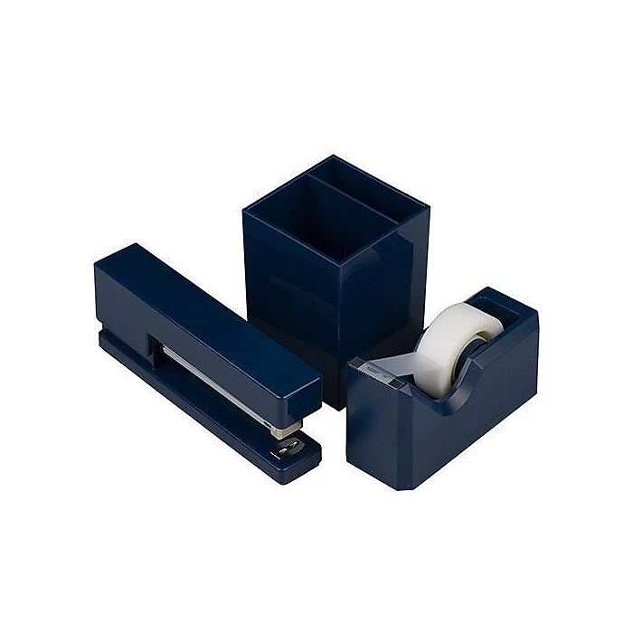 JAM PAPER Desk Trio Pack, Navy Blue, Stapler, Tape Dispenser & Pen