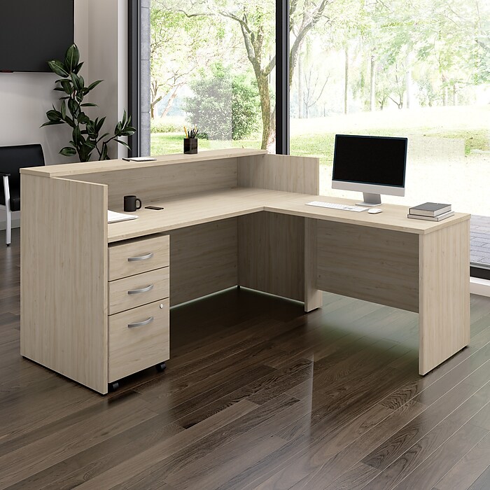 Bush Business Furniture Arrive 72 W L Shaped Reception Desk with Shelf and Mobile File Cabinet Natural Elm ARV007NE Staples