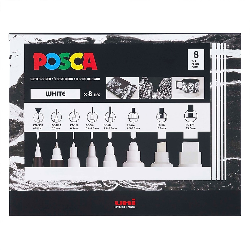 POSCA PC-Mix Water Based Paint Marker, Fine to Broad Tips, White, 8/Set (UBCPCMIXWHITE8P) image 1
