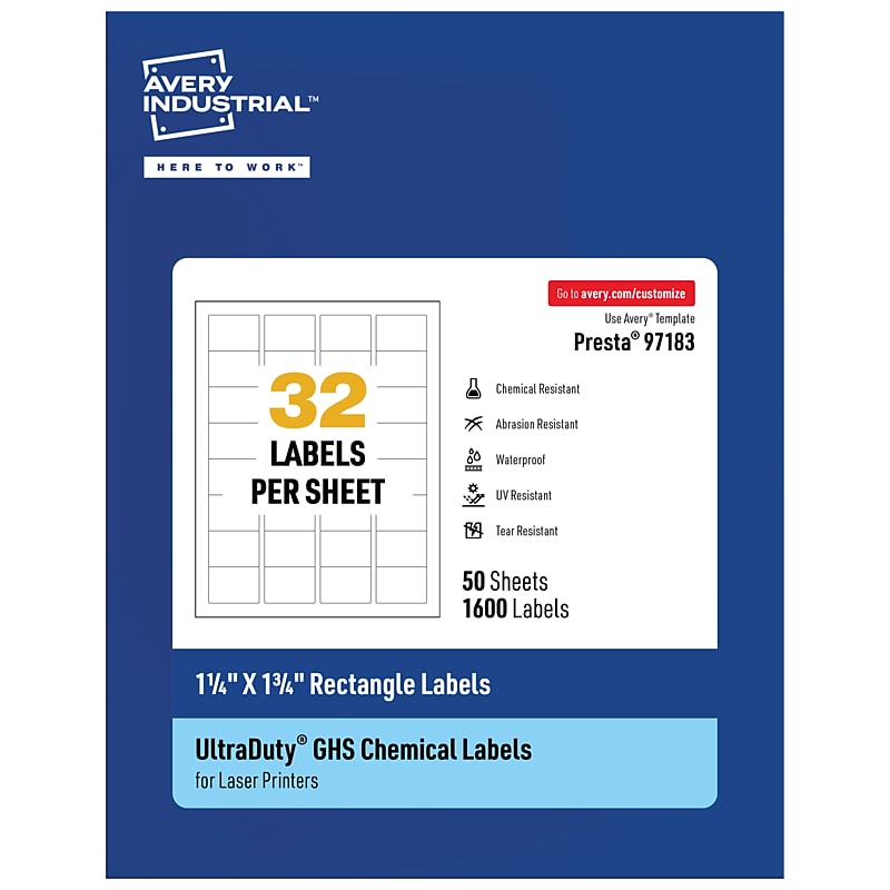 Avery Laser UltraDuty GHS Labels, 1-1/4" x 1-3/4", White, 1600 Labels/Box (97183) image 1