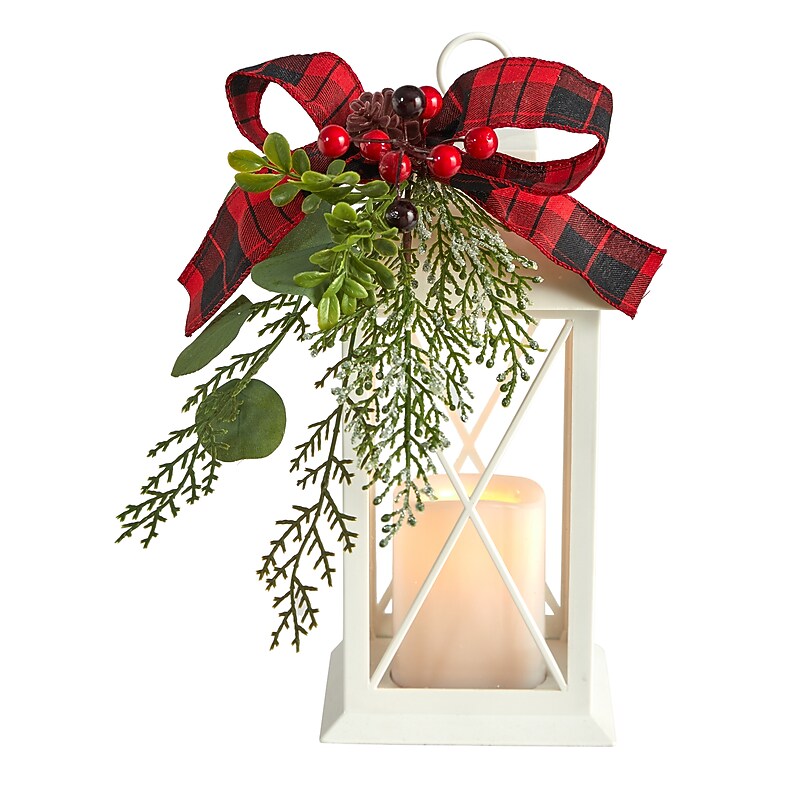 Nearly Natural 12" Holiday White Lantern With Berries, Pine & Plaid Bow Artificial Christmas Table Arrangement with LED Candle image 1