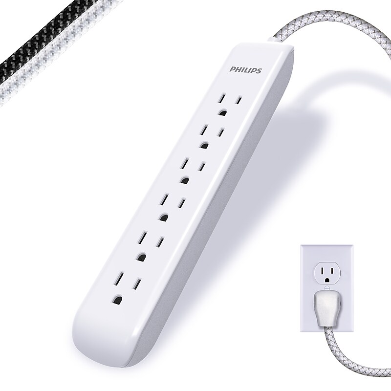 Philips 6-Outlet Surge Protector, 720J, 4 ft. Braided Cord, White (SPC3064WET1/37) image 1