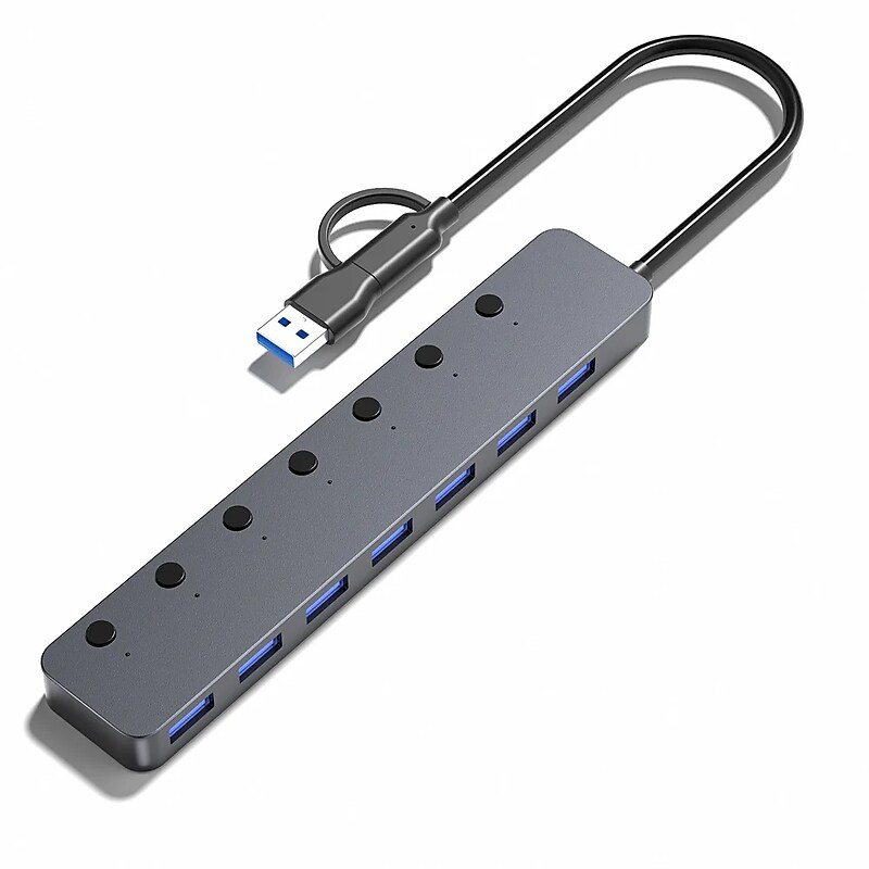 4XEM 7-Port USB-A 3.0 Hub with USB-A and USB-C Connection, Gray (4XHB3037) image 1