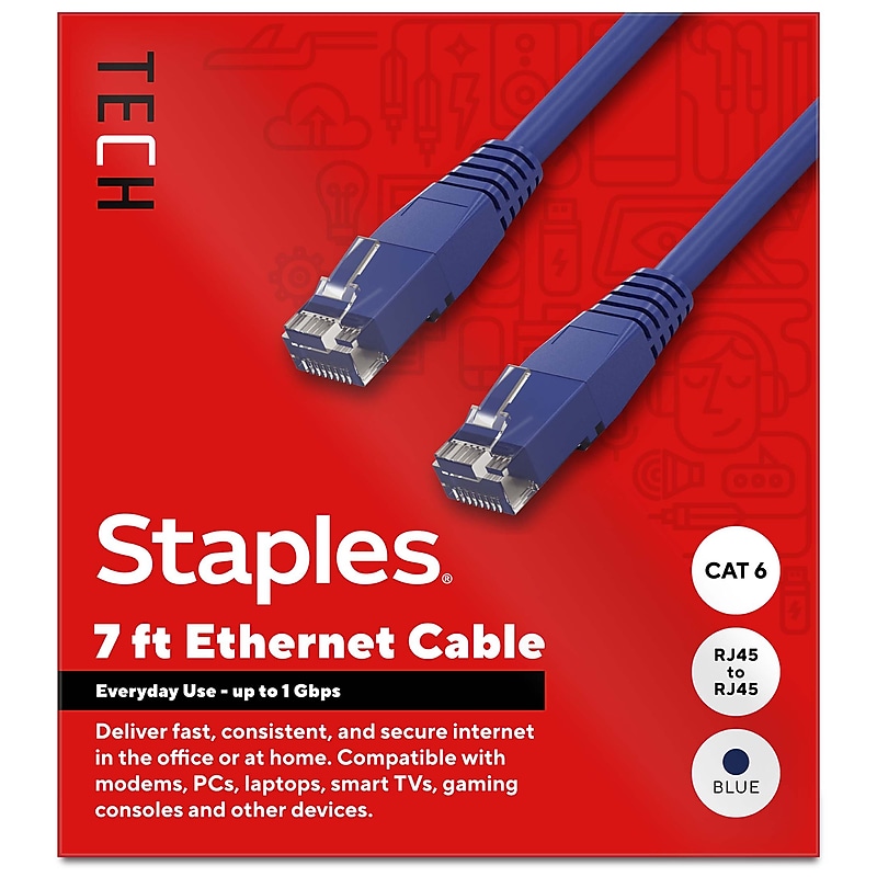 Staples TECH 7 ft. Cat-6 Ethernet Cable, Male to Male, Blue (ST62454) image 1