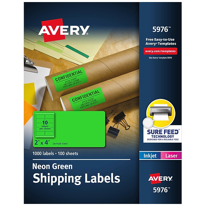 Avery Sure Feed Laser Shipping Labels, 2"x 4", Neon Green, 10 Labels/Sheet, 100 Sheets/Box (5976) image 1