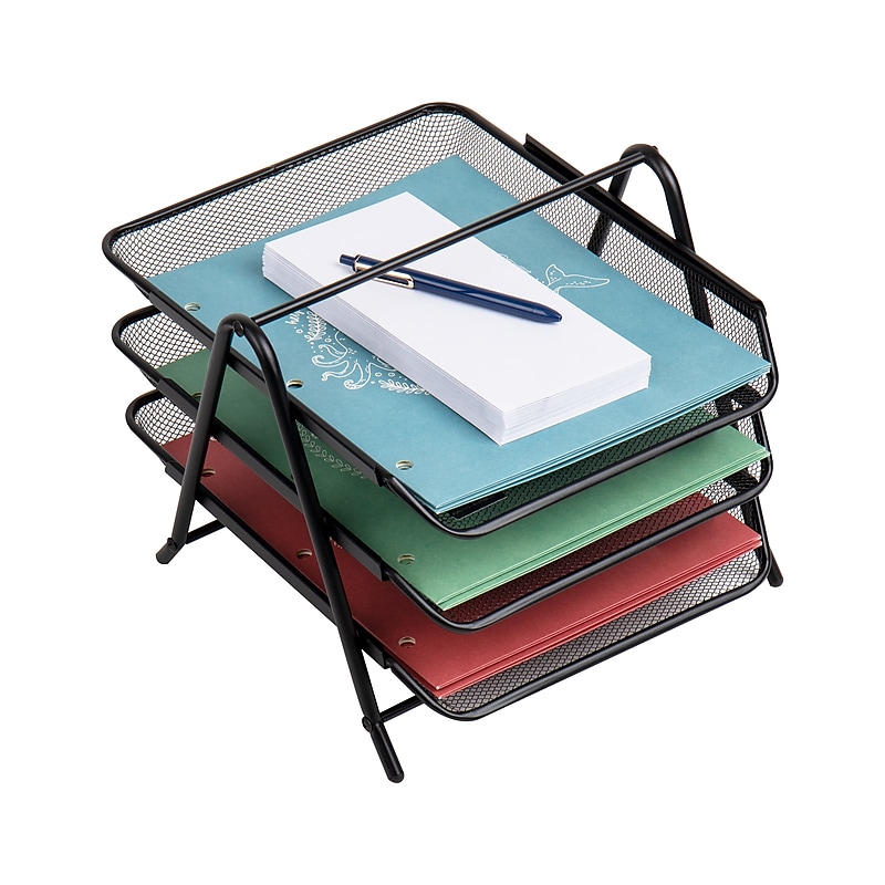Mind Reader 3-Tier Stackable Paper Desk Tray Organizer, Metal Mesh, Black (3TPAPER-BLK) image 1