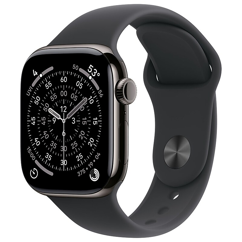 Apple Watch Series 11 GPS + Cellular Smartwatch, 42mm, Slate Titanium Case with Black Sport Band, Medium/Large (MF8T4LW/A) image 1