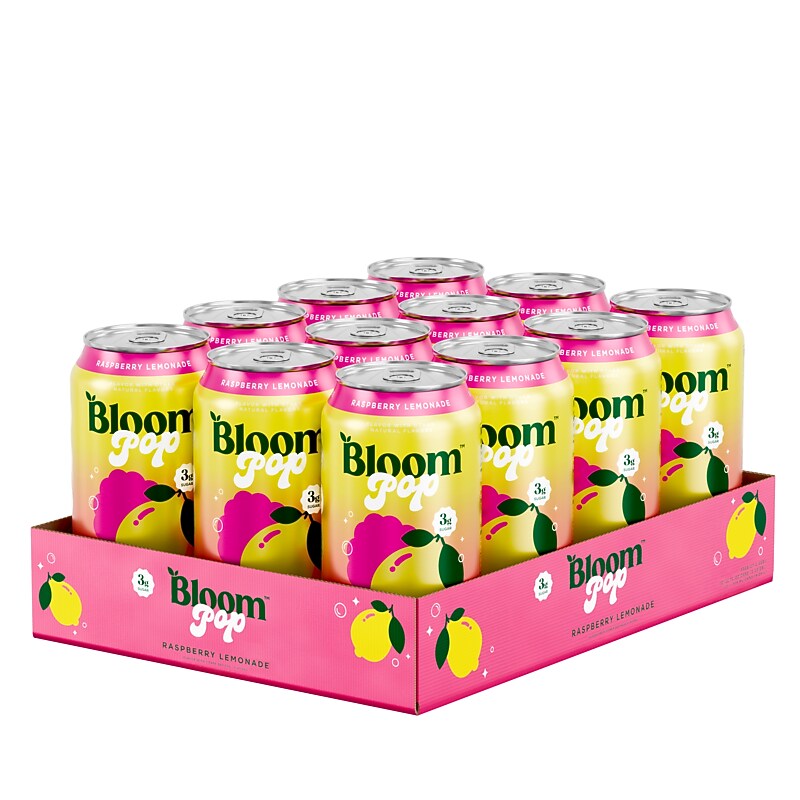 Bloom Pop Prebiotic Raspberry Lemonade Soda, Caffeine Free, 12 oz., 12 Cans/Carton (20040251) image 1