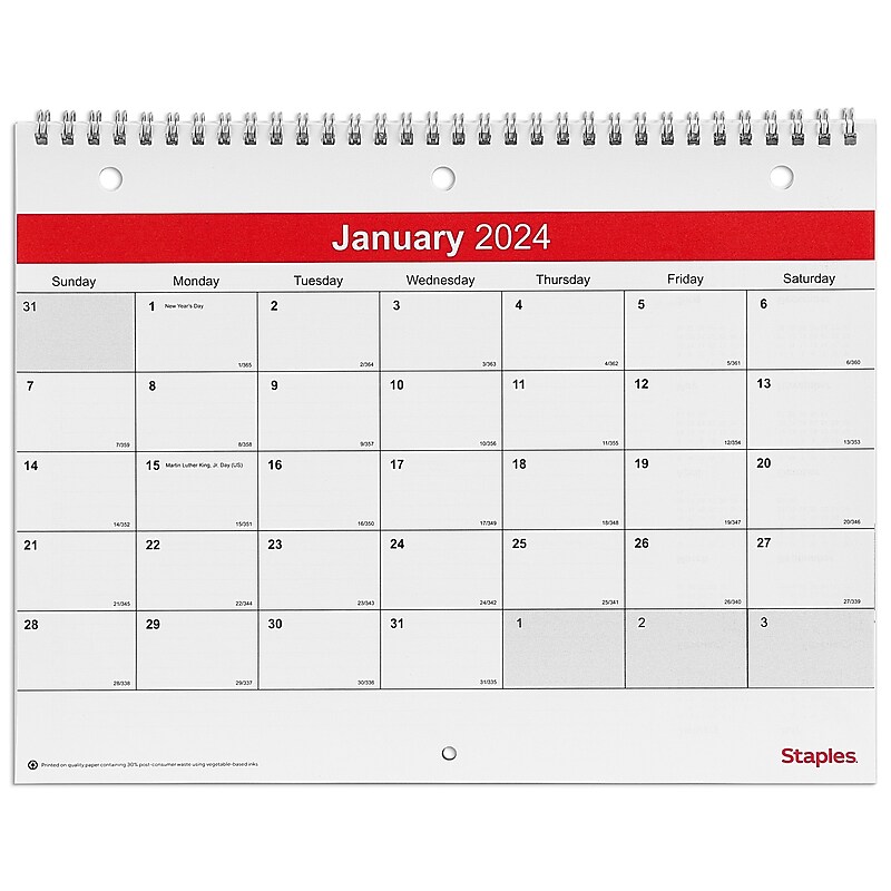 2024 Staples 11" x 8" Wall Calendar, White/Red (ST53915-24) image 1