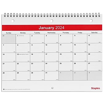 2024 Staples 11" x 8" Wall Calendar, White/Red (ST53915-24)