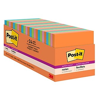 Post-it® Super Sticky Notes Cabinet Pack, 3" x 3", Energy Boost Collection, 70 Sheets/Pad, 24 Pads/Pack (654-24SSAU-CP)