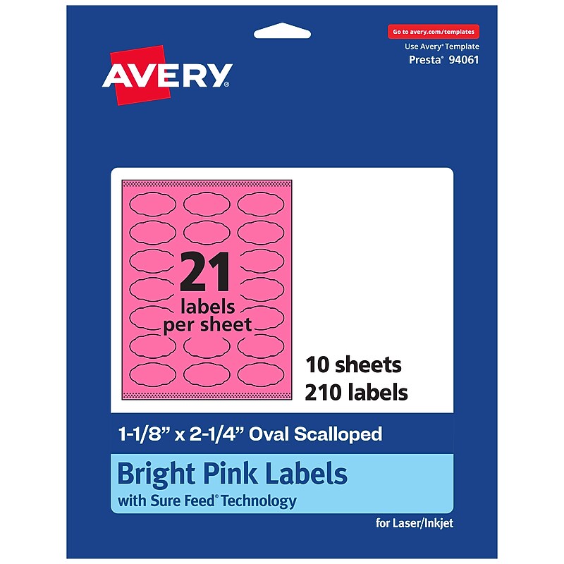 Avery Oval Scalloped Laser/Inkjet Multipurpose Labels, 1-1/8" x 2-1/4", Bright Pink (210/Pack) image 1