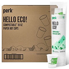 Perk™ Eco Compostable Paper Hot Cup, 10 Oz., White/Green