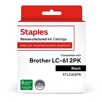 Staples Remanufactured Black Standard Yield Ink Cartridge Replacement for Brother LC-61BK (TRLC612PK/STLC612PK), 2/Pack