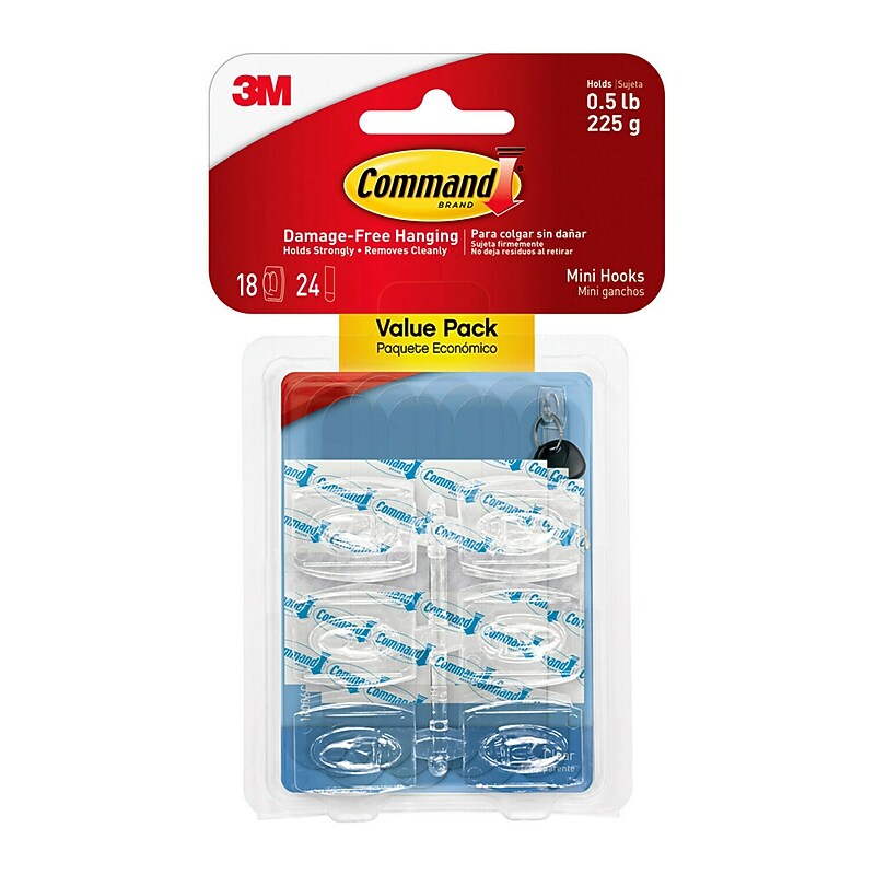 Command Damage Free Mini Hook, 0.5 lb, Clear, 18/Pack (17006CLR-18ES) image 1