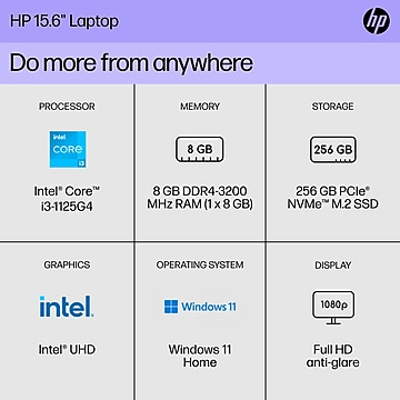 HP 15-dy2713st 15.6" Laptop, Intel Core i3-1125G4, 8GB Memory, 256GB SSD, Windows 11 (7H384UA#ABA)