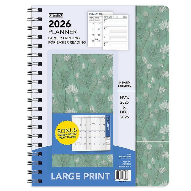 2026 Global Printed Products 8.5" x 11"  Weekly & Monthly Standard Planner, Plastic Cover, Green (RRY26-COMBO-86) image 1
