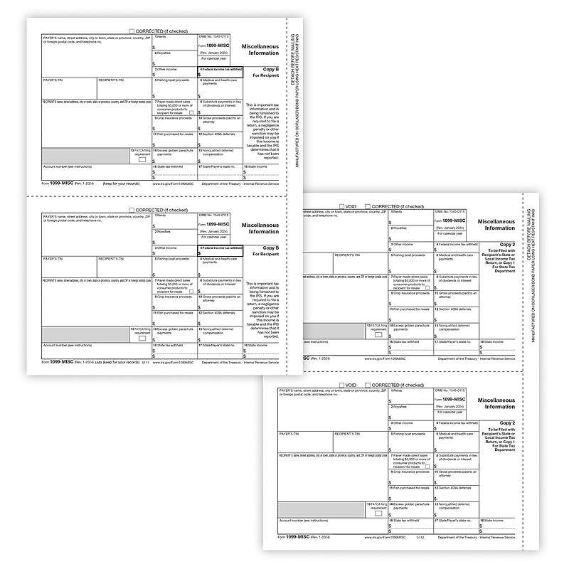 ComplyRight 2024 1099-MISC Tax Form Recipient Copy Only, 3-Part, 2-Up, Copy B, C/2, 25/Pack (611325) image 1