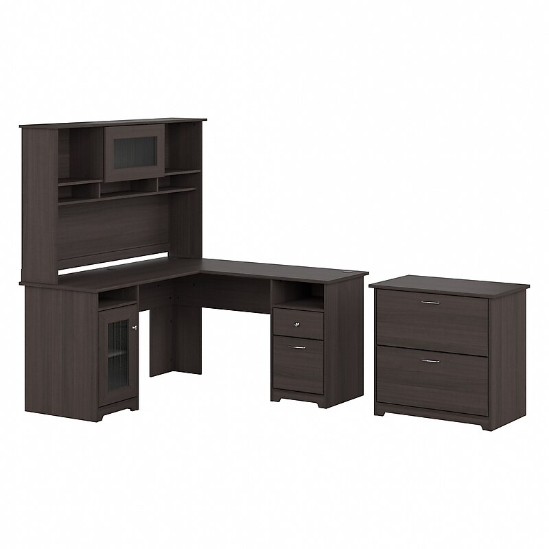 Bush Furniture Cabot 60"W L Shaped Computer Desk with Hutch and Lateral File Cabinet, Heather Gray (CAB005HRG) image 1