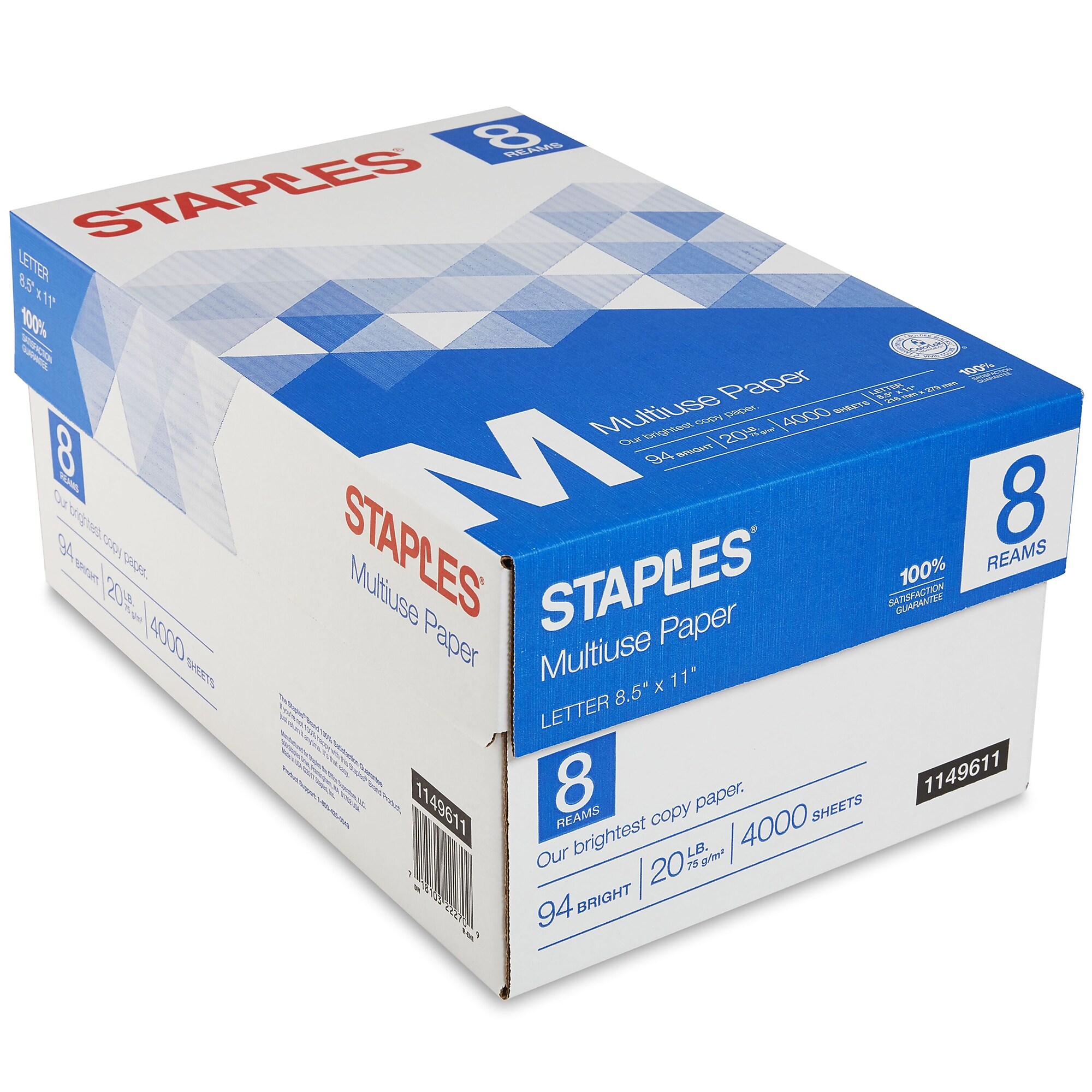 Staples Multiuse Copy Paper, 8.5″ x 11″, 20 lbs., 94 Brightness, 500 Sheets/Ream, 8 Reams/Carton (26860-CC) Simolary simolary.com
