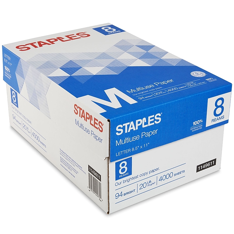 Staples Multiuse Copy Paper, 8.5" x 11", 20 lbs., 94 Brightness, 500 Sheets/Ream, 8 Reams/Carton (26860-CC) image 1
