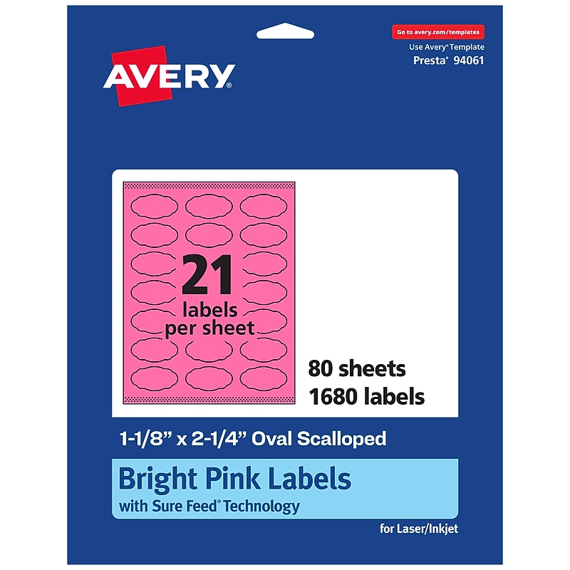 Avery Oval Scalloped Laser/Inkjet Multipurpose Labels, 1-1/8" x 2-1/4", Bright Pink (1680/Box) image 1