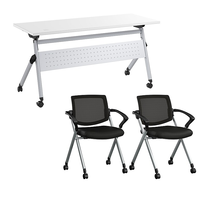 Bush Business Furniture Envision 60"W Foldable Training Room Table with 2 Chairs, White (NVS001WH) image 1