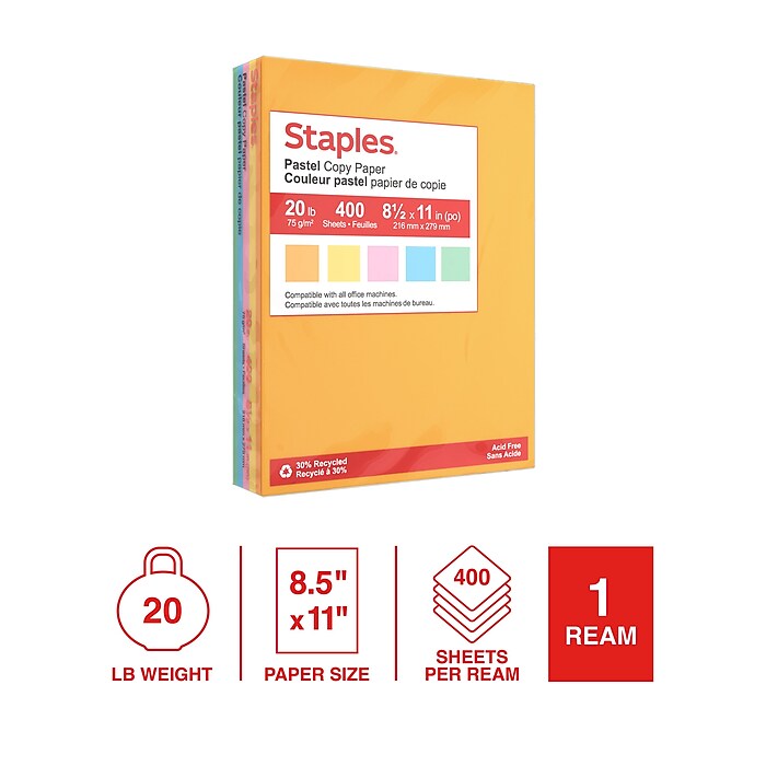 Staples Recycled Pastel Multipurpose Paper, 20 lbs., 8.5&quot; x 11 