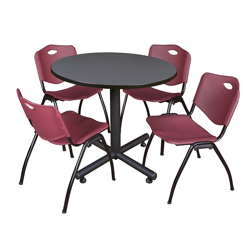 Regency 42" Laminate Round Table with 4 M Stacker Chairs, Burgundy and Gray (TKB42RNDGY47BY) image 1