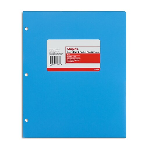 Staples 3Hole Punched 2Pocket Plastic Portfolio Folder, Blue (ST52808