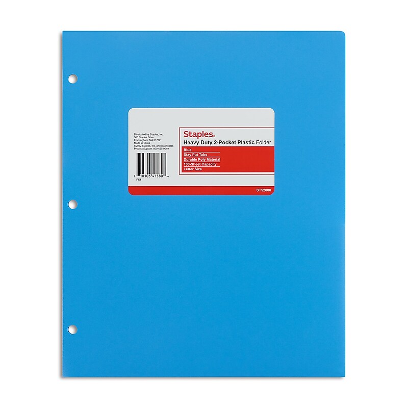 Staples 3-Hole Punched 2-Pocket Plastic Portfolio Folder, Blue (ST52808-CC) image 1