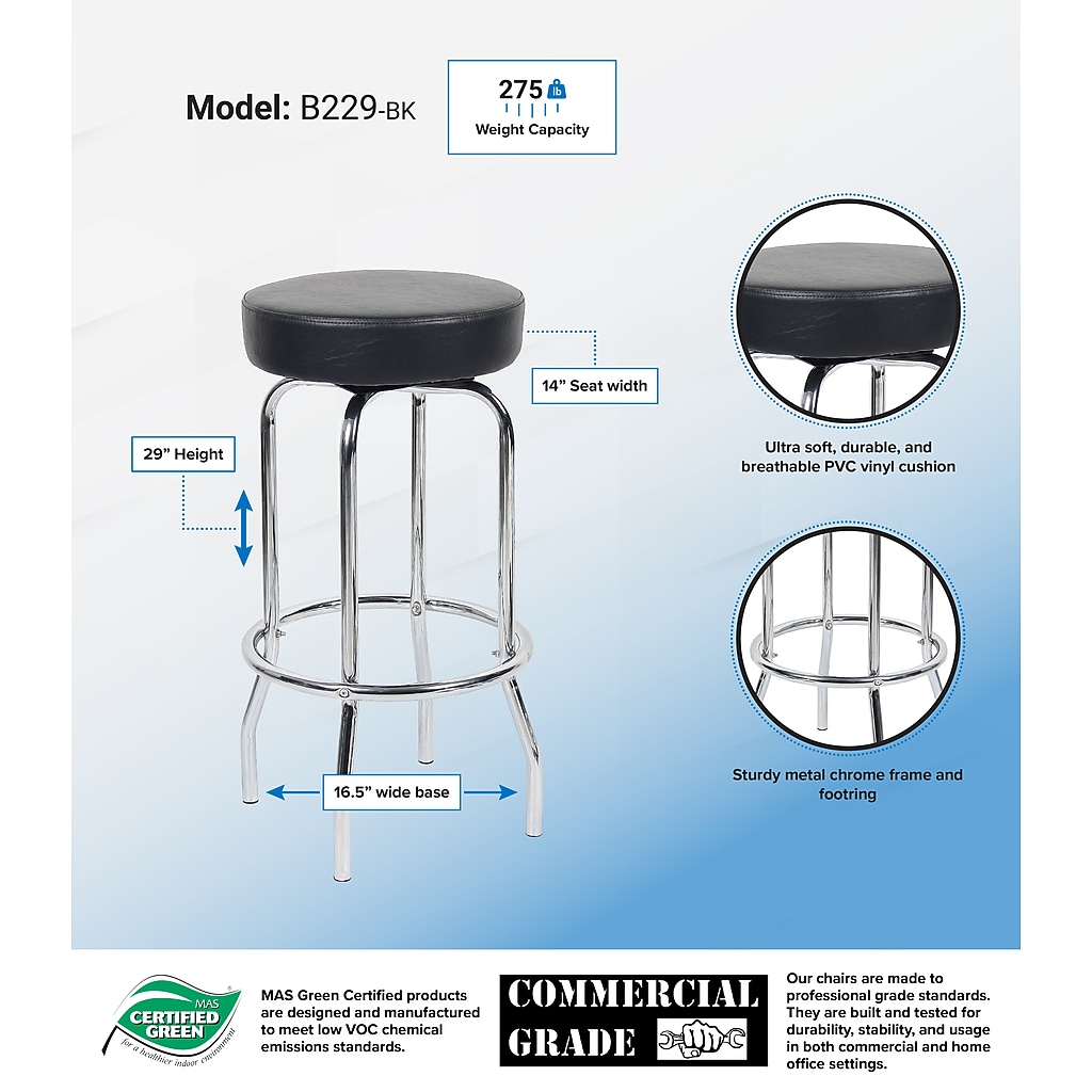 Product page brochure image showing model B229-BK stool with measurements