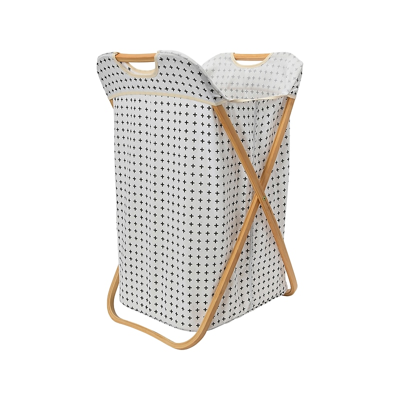 Household Essentials Collapsible Laundry Hamper, Bamboo/Fabric, Black/White (2314-1) image 1