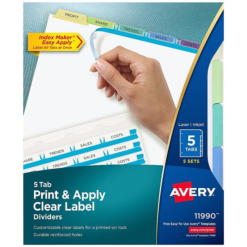 Avery Index Maker Paper Dividers with Print & Apply Label Sheets, 5 Tabs, Pastel, 5 Sets/Pack (11990) image 1