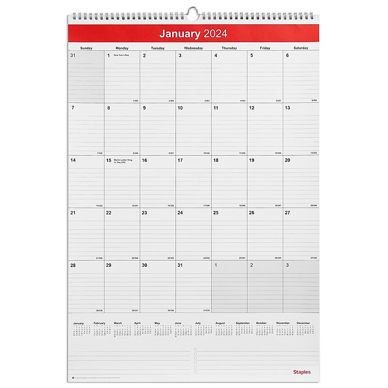 2024 Staples 15" x 22" Wall Calendar, Red/White (ST53925-24) image 1