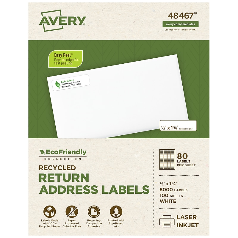 Avery EcoFriendly Laser/Inkjet Return Address Labels, 1/2" x 1-3/4", White, 8000 Labels/Pack (48467) image 1