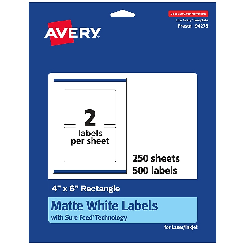 Avery Laser/Inkjet Rectangle Multipurpose Labels, 4" x 6", White, 500 Labels/Box (94278) image 1