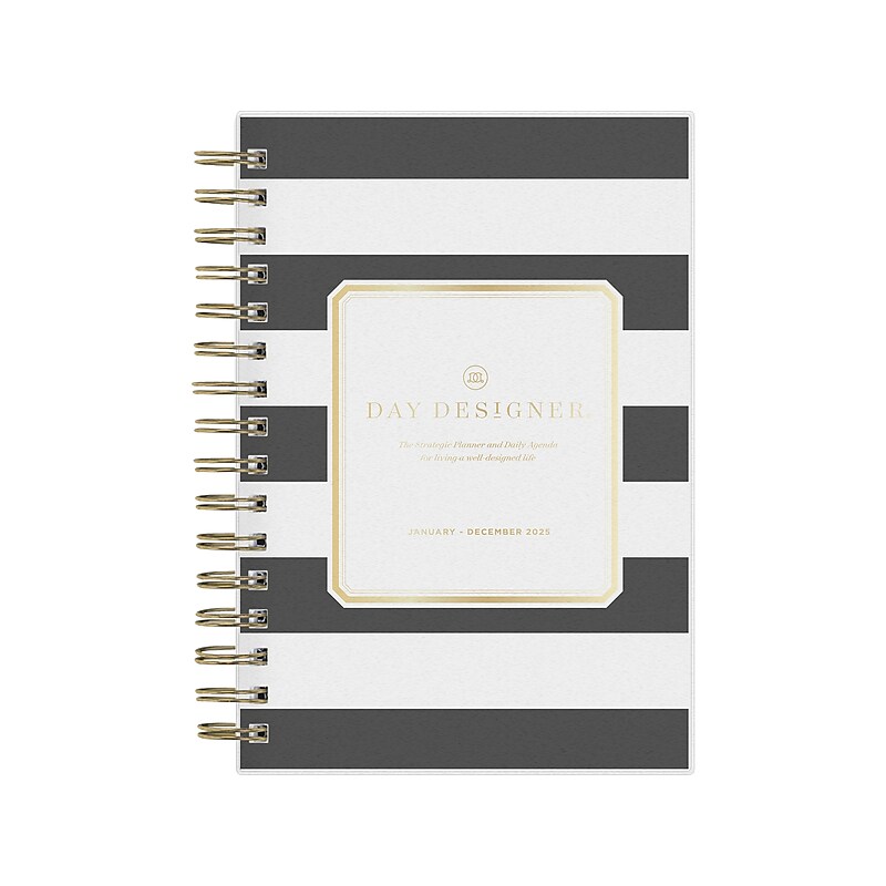 2025 Blue Sky Day Designer Rugby Stripe 5" x 8" Daily & Monthly Planner, Plastic Cover, Black/White (148121) image 1