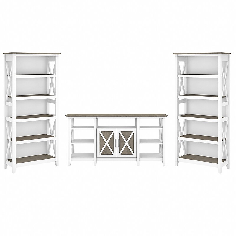 Bush Furniture Key West Tall TV Stand with Set of Two Bookcases, Shiplap Gray/Pure White, Screens up to 65" (KWS027G2W) image 1
