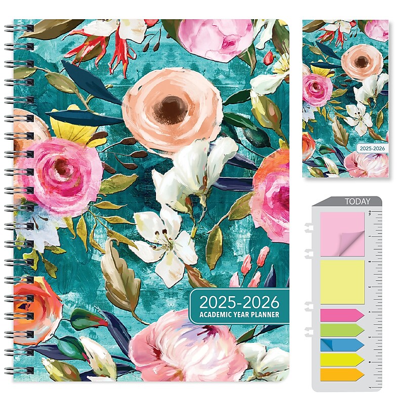 2025-2026 Global Printed Products Teal Floral 8.5" x 11" and 3.5" x 6" Academic Weekly & Monthly Planners, Plastic Cover image 1