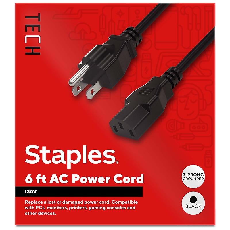 Staples TECH 6 ft. AC Power Cord, Male to Male, Black (ST62398) image 1