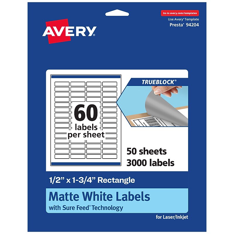 Avery TrueBlock Laser/Inkjet Rectangle Multipurpose Labels, 0.5" x 1.75", White, 3000/Box (94204) image 1