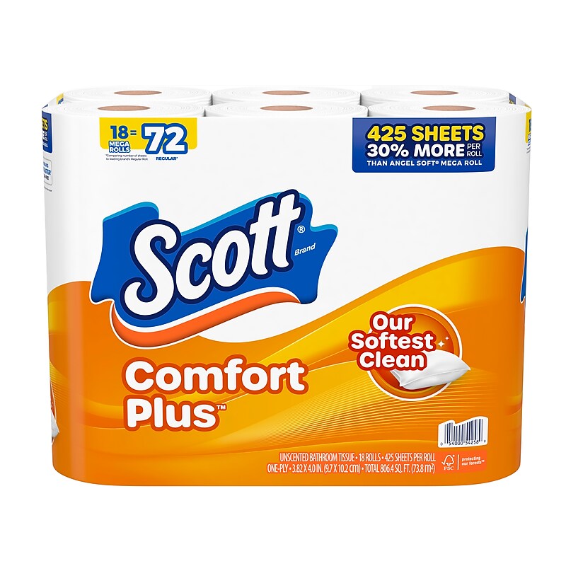 Scott Comfort Plus Mega Toilet Paper, 1-ply, White, 462 Sheets/Roll, 18 Rolls/Case (54258) image 1