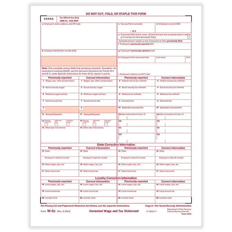 ComplyRight 2025 W-2C Tax Form, 1-Part, Federal Copy A, 50/Pack (531350) image 1