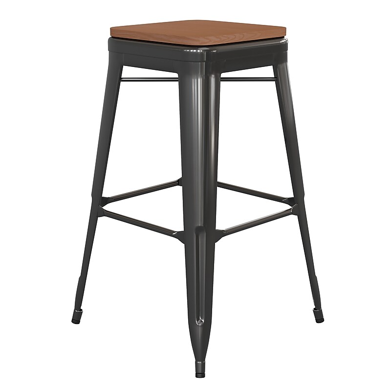 Flash Furniture Kai Indoor-Outdoor Backless Bar Height Stool, Black with Teak Seat (CH3132030BKPL2T) image 1
