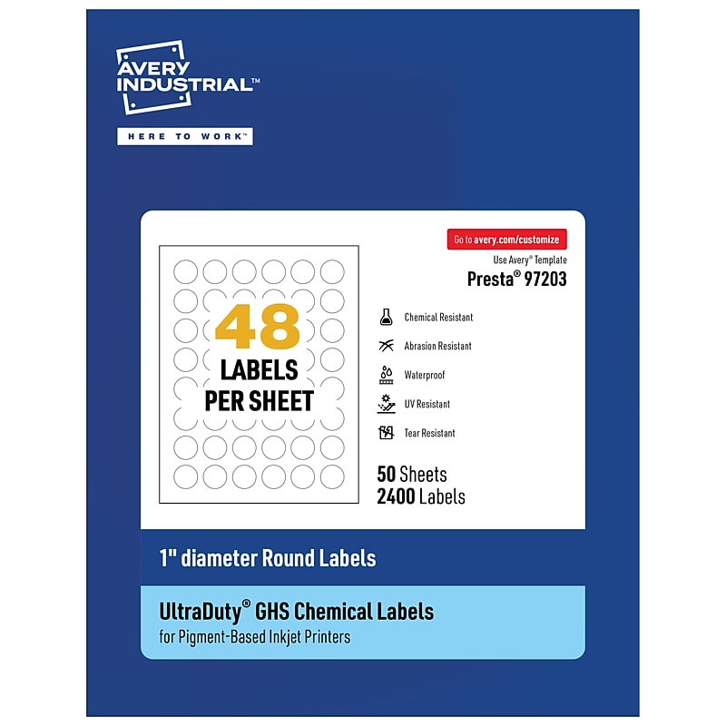 Avery Inkjet Round UltraDuty GHS Labels, 1" Dia., White, 2400 Labels/Box (97203) image 1