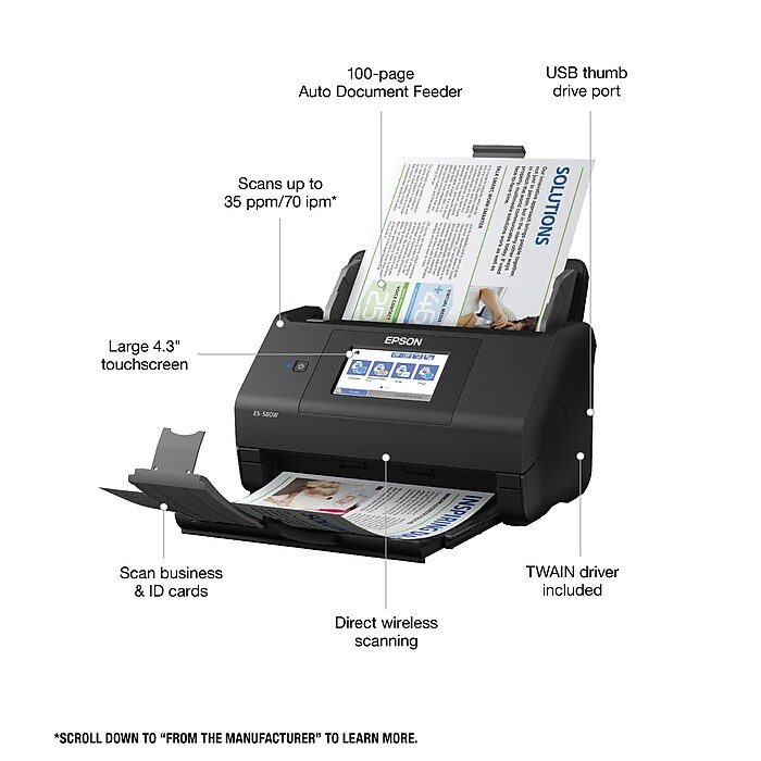 Epson WorkForce ES-580W Wireless Duplex Document Scanner, Black