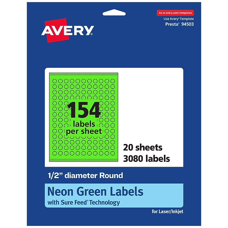Avery Laser/Inkjet Multipurpose Circle Labels, 0.5" Dia., Neon Green, 3080/Pack (94503) image 1