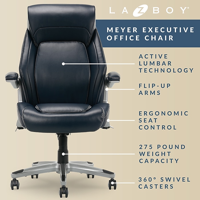 La Z Boy Meyer Ergonomic Bonded Leather Swivel Executive Chair Navy 60082 NVY Staples